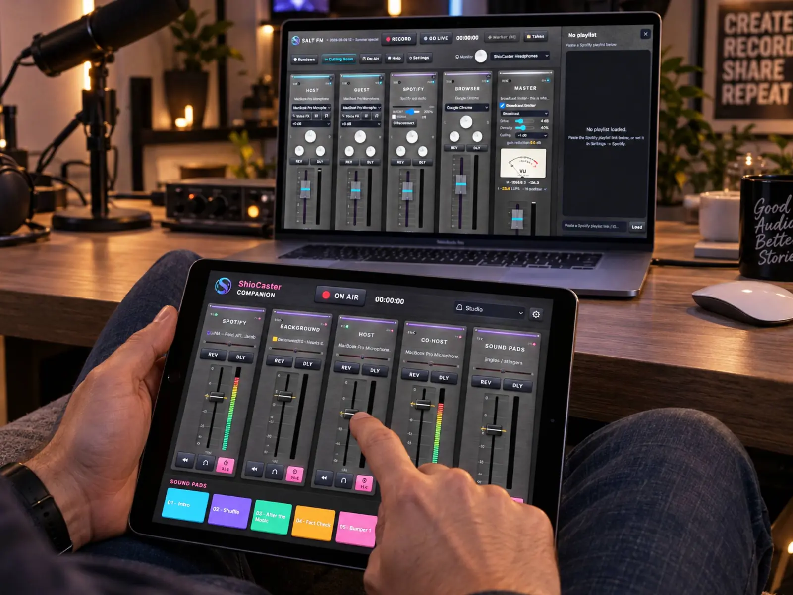 ShioCaster Companion mixer on an iPad, with the desktop studio behind it
