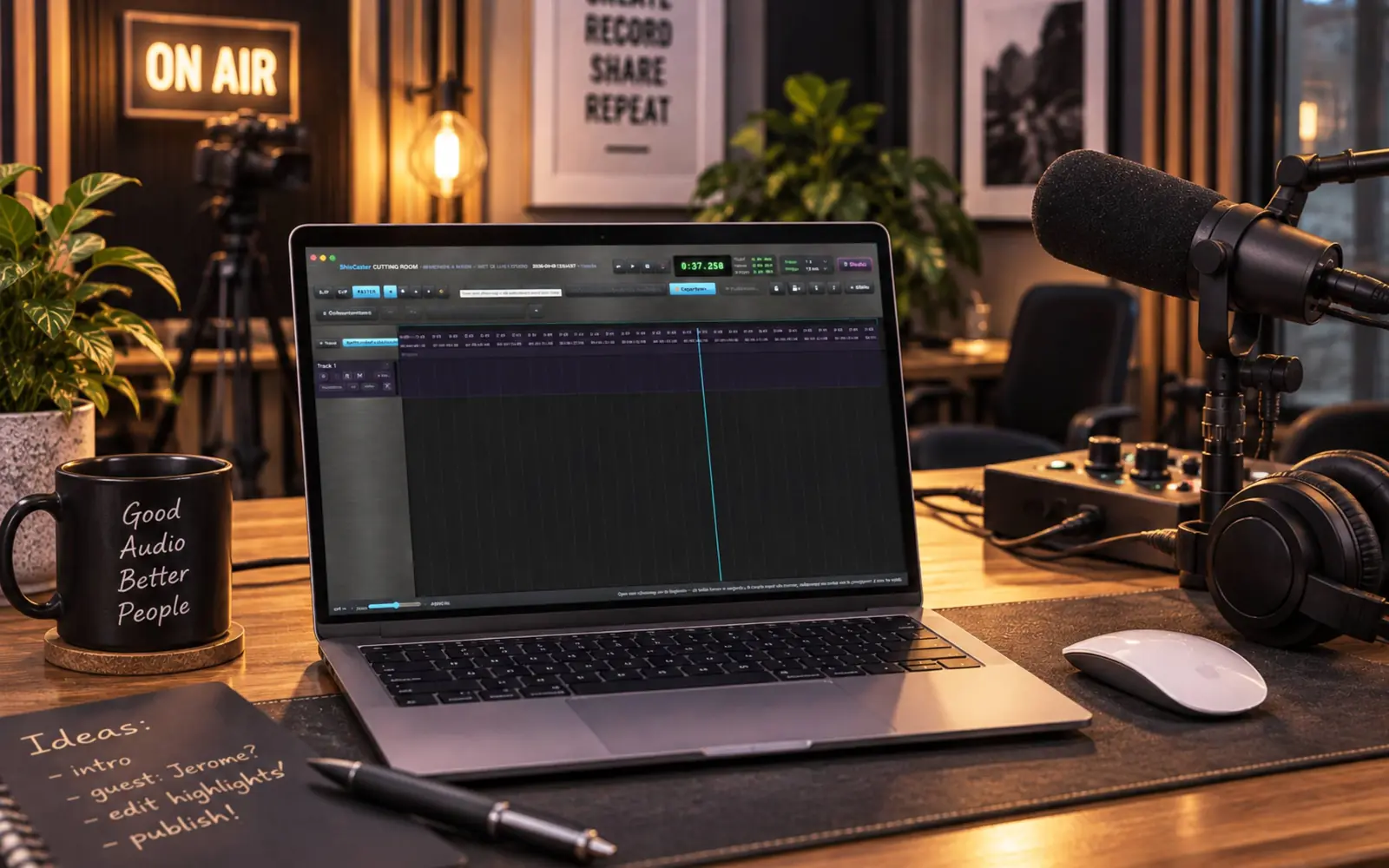 The ShioCaster Cutting Room open on a MacBook in a broadcast studio