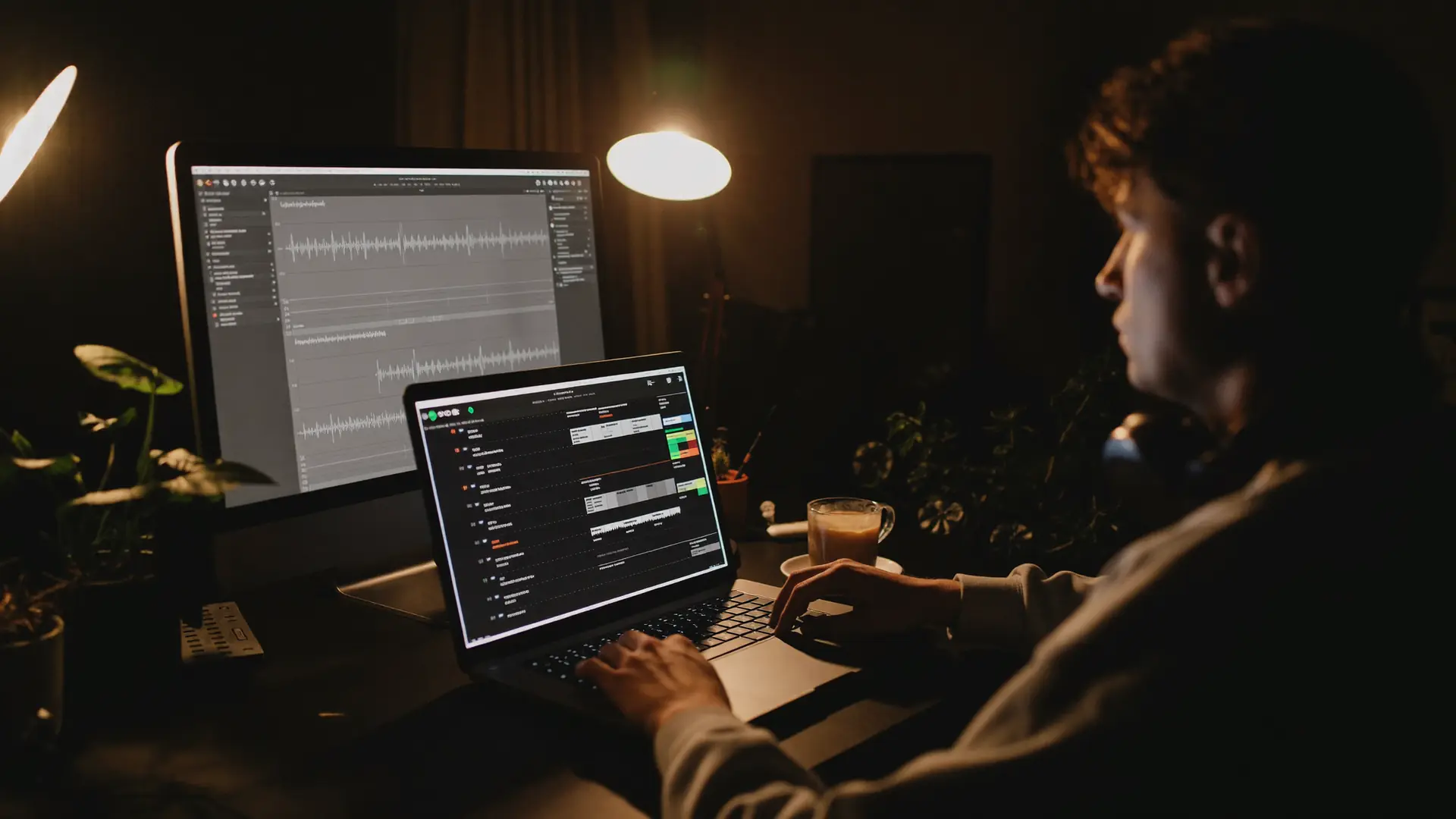 Podcaster reviewing a waveform timeline late at night