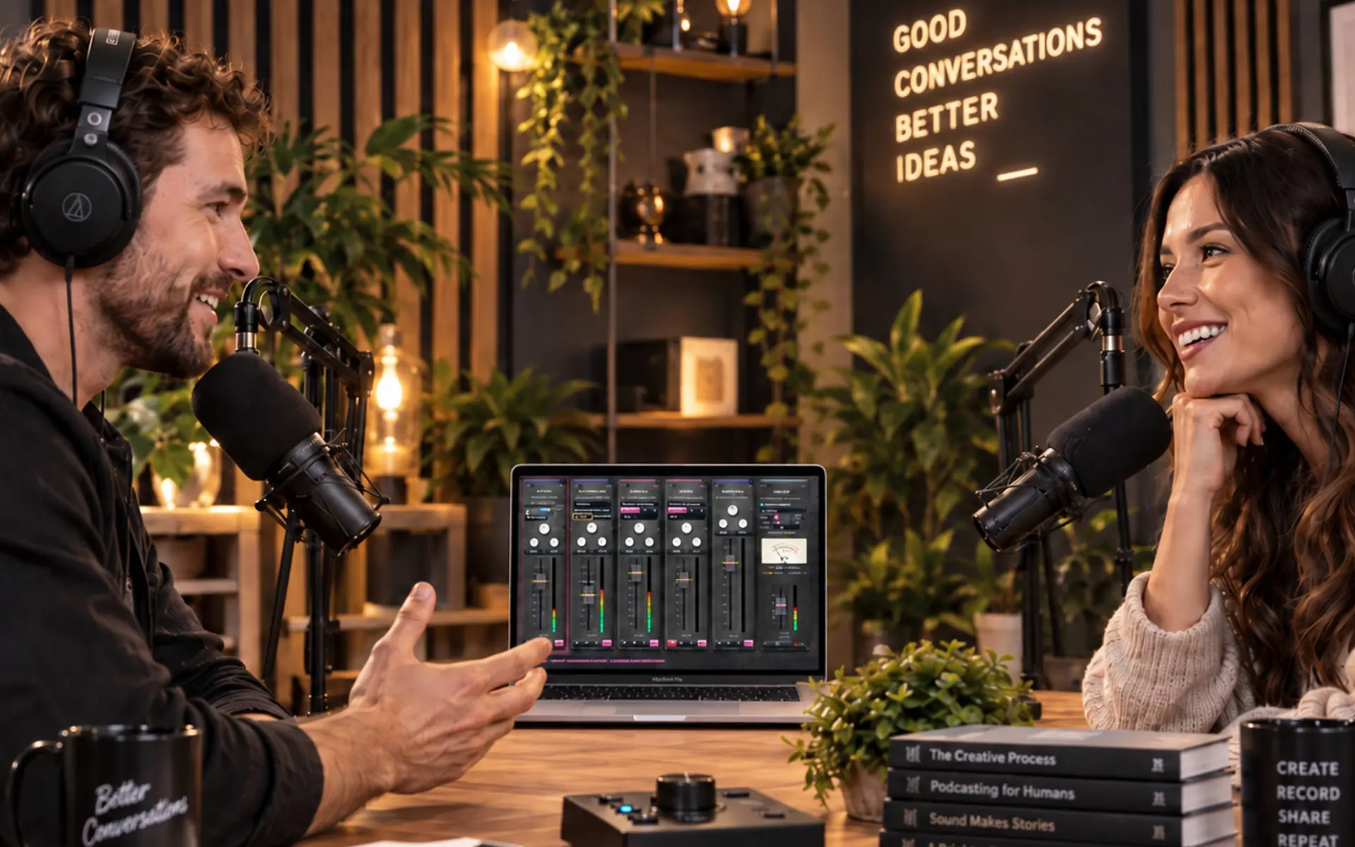 Two hosts recording a show with ShioCaster running on the MacBook between them